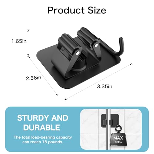 nacena 4 Pack No Drill Self Adhesive Broom Mop Holder Wall Mount with Hooks, Heavy Duty Stainless Steel Organizer for Kitchen Bathroom Garage Storage, Black - color: Matte Black-4 Packs