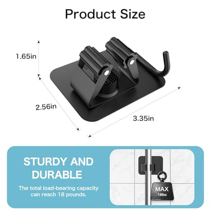 nacena 4 Pack No Drill Self Adhesive Broom Mop Holder Wall Mount with Hooks, Heavy Duty Stainless Steel Organizer for Kitchen Bathroom Garage Storage, Black - color: Matte Black-4 Packs