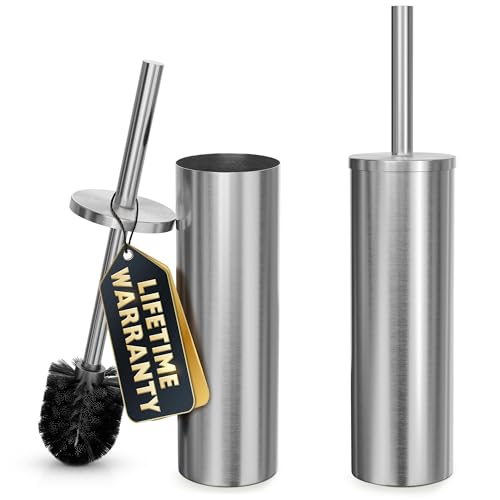 2 Pcs Stylish Stainless Steel Toilet Brush and Holder Set - Silver Toilet Bowl Brush and Holder with Splash Cover, Sturdy Bristles, Corrosion & Scratch Resistant - Elegant Design, Effective Cleaning - color: Silver 2 Pcs