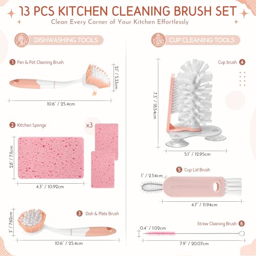 10 Pack Dish Brush Set for Household Use Kitchen Scrub Brushes with Non-Slip Long Handle Multi-Purpose Cleaning Brushes for Dishes Pot Pan Kitchen Sink Tub Cup Clothes Shoes Floor (Pink) - color: Pink