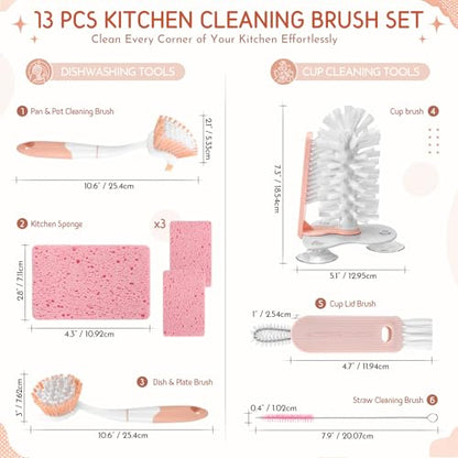 10 Pack Dish Brush Set for Household Use Kitchen Scrub Brushes with Non-Slip Long Handle Multi-Purpose Cleaning Brushes for Dishes Pot Pan Kitchen Sink Tub Cup Clothes Shoes Floor (Pink) - color: Pink
