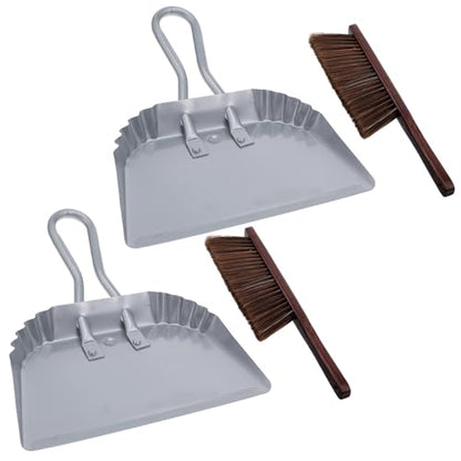 2pcs Metal Dustpan and Brush Set, 12In Extra Large Handheld Dust Pan and Wood Broom,Heavy-Duty Dust Pans Metal Edge Flat Against Floor for Patio/Pet/Car/Outdoor