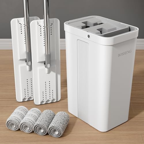 BOSHENG Mop and Bucket with Wringer Set, Flat Floor Mop and Bucket, with 2 Mops and 4 Microfiber Cleaning Cloths for Floor Cleaning, Wet and Dry Use - color: White, size: 1 Bucket [White] + 2x50" Mops + 4 Pads