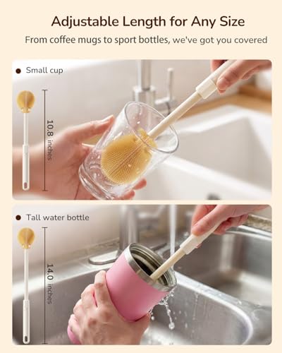 Extendable Bottle Brush with Straw Cleaner Brush, 10.8 to 14 Inches Adjustable Long Handle Water Bottle Scrubber for Cleaning Glasses, Cups, Coffee Mugs, Tumblers with Replacement Head, White - color: White