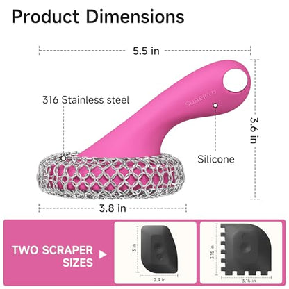SUBEKYU Cast Iron Scrubber with Silicone Handle, Stainless Steel Skillet Cleaner for Cast Iron Pans (Pink Scrubber + Scraper) - color: Pink Scrubber + Scraper