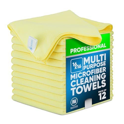 Microfiber Wholesale MW Pro 16x16 Commercial Cleaning Rags - Professional Janitorial Supplies for Dusting, Office & Heavy Duty Cleaning - Multi-Surface Dusters (Yellow, 12-Pack) - color: Yellow