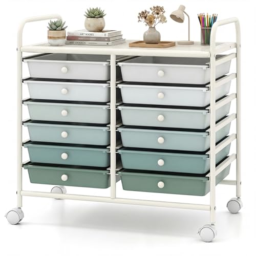 COSTWAY 12-Drawer Rolling Storage Cart, Utility Storage Organizer Cart for Tools, Scrapbook, Paper, Craft, Multipurpose Art Supply Organizer on Wheels for Home Office School, Teacher, Green Gradient - color: Green Gradient, size: 25"L x 15"W x 24.5”H (12
