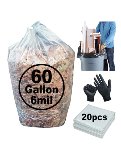 6 Mil Clear Contractor Bags - 20 Pack Heavy Duty Contractor Trash Bags for 50/55/60 Gallon Large Clear Garbage Bags (Extra Thick, Tear Resistant) (32" X 52") - color: Clear-6 Mil
