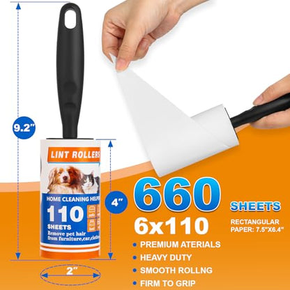 Lint Roller, 660 Sheets with 3 Handles, Pet Hair Remover for Laundry and Clothes, Extra Sticky Lint Rollers for Pet Hair, Dog & Cat Hair Removal Tool, Reusable Lint Brush for Furniture, Car, Wardrobe - size: 6 Count / 660Sheets