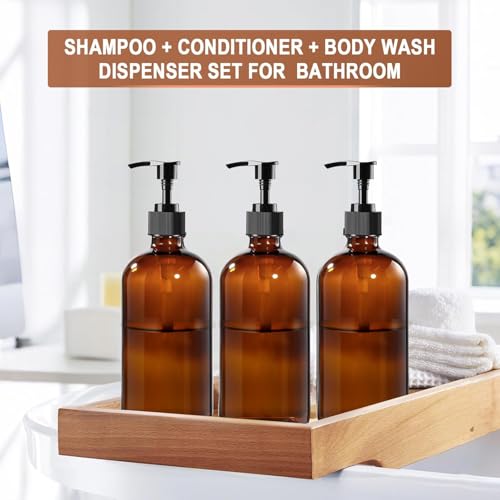 4 Pack 8 oz Amber Glass Pump Bottles, Boston Round Bottles with Pumps for Lotion, Soap, Massage Oils, Refillable Containers with Caps - size: 8 oz Amber 4Pack