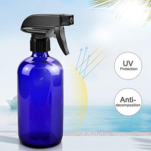 Worldgsb Glass Spray Bottles, 16oz Refillable Containers, Empty Boston Round Bottles with Labels & Adjustable Nozzle for Cleaning, Gardening, Aromatherapy, Pets, Plant, Hair -Blue (2 Pack) - color: Blue, style: 2 Pack