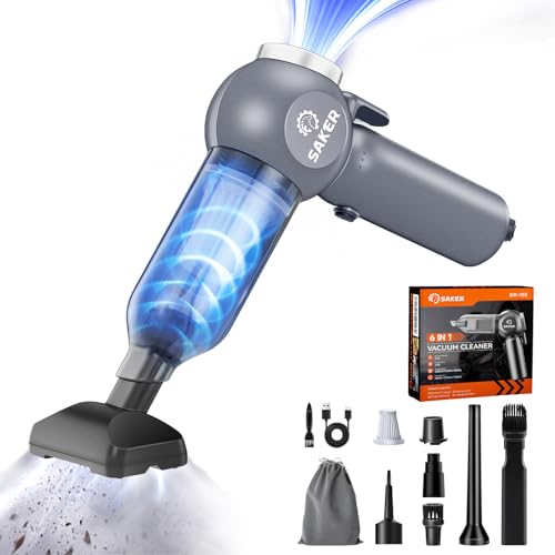 Saker 6 in 1 Car Vacuum Cleaner, 20000PA Handheld Vacuum Cordless Rechargeable 7800mAH with Type-C Reverse Charging, Window Breaker and Seatbelt Cutter for Car,Office and Home Cleaning,SW102 Blue Gray - color: Blue Gray