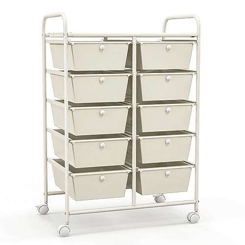 COSTWAY 10 Drawer Rolling Storage Cart, Mobile Utility Cart with Metal Frame & Lockable Wheels, Art Supply Craft Organizer, Multipurpose Drawer Cart for Paper for Office, School, White - color: White, size: 10 Drawer