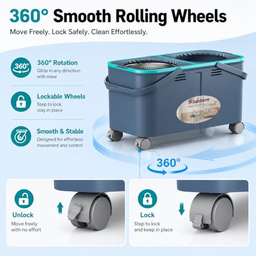 Mop and Bucket Set with Clean & Dirty Water Separation, Spin Mop with 360° Wheels & Drain, 6 Microfiber Heads,Adjustable Handle for Pet Owners, Kitchen, Bathroom, Hardwood & Tile Floors - color: Grey/Blue