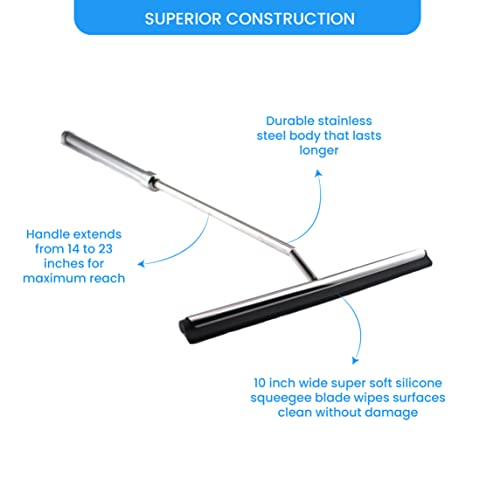 Shower Squeegee with Long Handle and Adhesive Hook. for Glass Doors, Tile Walls, Mirrors and Windows. Telescoping Squeegee for Cleaning. Bathroom Stainless Steel Squeegee, 10inch Wide, Chrome – 1pk
