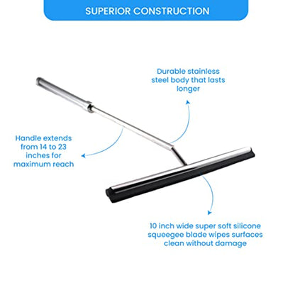 Shower Squeegee with Long Handle and Adhesive Hook. for Glass Doors, Tile Walls, Mirrors and Windows. Telescoping Squeegee for Cleaning. Bathroom Stainless Steel Squeegee, 10inch Wide, Chrome – 1pk