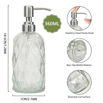12Oz Clear Glass Soap Dispenser with Stainless Steel Pump, Diamond Design Refillable Kitchen Liquid Hand Soap Dispenser, for Dispense Hand soap, Dish Soap, Lotion, Bathroom, Countertop, Hotel - color: Clear a