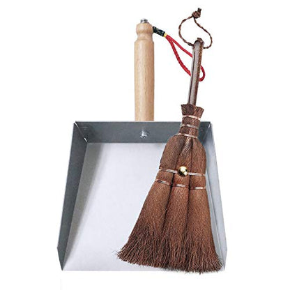 Mini Metal Dustpan and Brush Set for Fireplace Ash Cleanning | Heat-safe stainless steel dust pan and natural palm fiber hand broom, Anti-static for woodstove, Non plastic and eco-friendly - style: Mini Dustpan