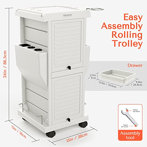 TASALON Salon Trolley Cart with Lock, 6 Lockable Trays + 2 Holders, Rolling Storage Cart for Hair Salon, Beauty, Barber Station - White - color: White