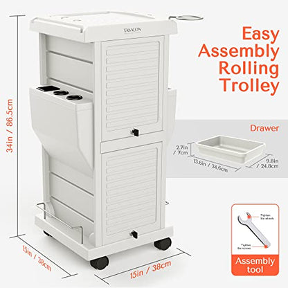 TASALON Salon Trolley Cart with Lock, 6 Lockable Trays + 2 Holders, Rolling Storage Cart for Hair Salon, Beauty, Barber Station - White - color: White