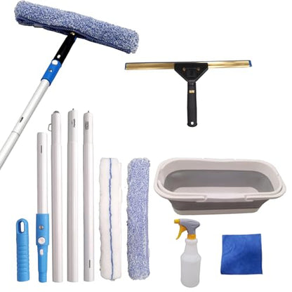 Window Cleaning Kit with Storage Bucket,Window Washing Kit with 4.13Ft Extension Pole,Scrubber,Spray Bottle,Duster Cloth,Squeegee with Rotating Head,Professional Window Cleaning Squeegee Kit