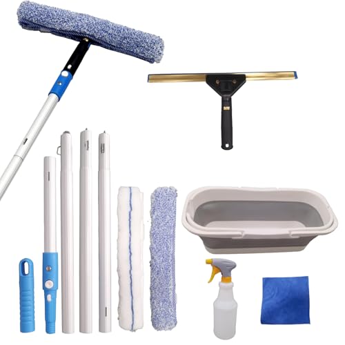 Window Cleaning Kit with Storage Bucket,Window Washing Kit with 4.13Ft Extension Pole,Scrubber,Spray Bottle,Duster Cloth,Squeegee with Rotating Head,Professional Window Cleaning Squeegee Kit