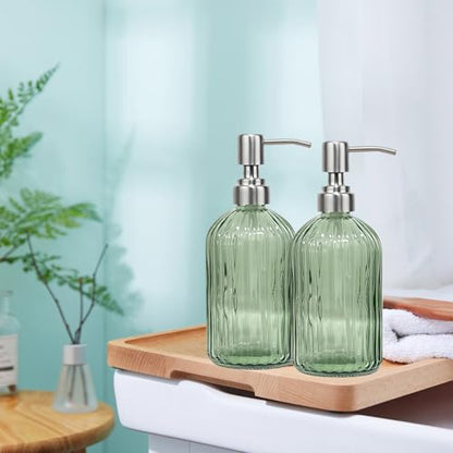14Oz Green Soap Dispenser Bathroom - 2 Pack, Clear Glass Hand Soap Dispensers with Stainless Steel Pump, Refillable Dish Soap Dispenser for Kitchen, Countertop Soap Dispensers - color: Green (2-pack)
