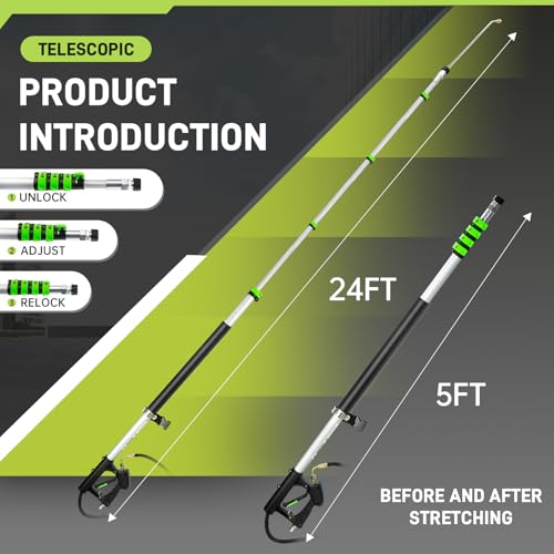 TOR 24 FT Telescoping Pressure Washer Wand with Pressure Washer Extension Wand,Gutter Cleaner Attachment, Pressure Washer Telescoping Wand with 5 Spray Nozzle Tips, 2 Hose Inlet Adapters, Brush Head