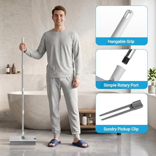 Pool Scrub Brush with 52" Pole, 3 in 1 Pool Cleaning Brush with Squeegee, Floor Scrub Brush with Long Handle, Deck Brush for Swimming Pool Tile Wall Patio Concrete White - color: White