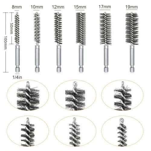 6 PCS Stainless Steel Wire Bore Brush Set, 1/4" Hex Shank Twisted Drill Brushes, 8/10/12/15/17/19mm for Rust Removal & Pipe Tube Cleaning