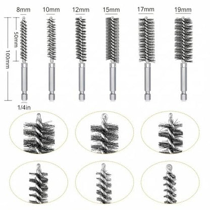 6 PCS Stainless Steel Wire Bore Brush Set, 1/4" Hex Shank Twisted Drill Brushes, 8/10/12/15/17/19mm for Rust Removal & Pipe Tube Cleaning