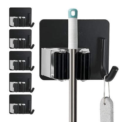 5 Pack Mop and Broom Holder Wall Mount, Stainless Steel Mop and Broom Hanger with Hooks, Mop Broom Organizer for Closet Laundry Garage Garden Tool Organizer (Black) - color: Black