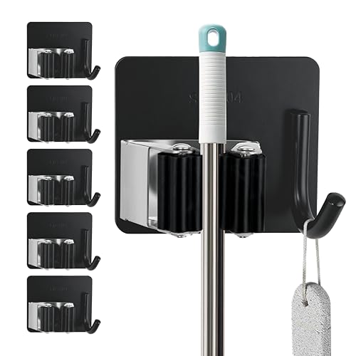 5 Pack Mop and Broom Holder Wall Mount, Stainless Steel Mop and Broom Hanger with Hooks, Mop Broom Organizer for Closet Laundry Garage Garden Tool Organizer (Black) - color: Black