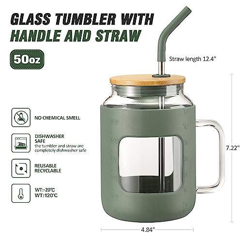 WINSA 50 oz Glass Water Bottles with Silicone Sleeve,Glass Tumbler with Lid and Straw,Iced Coffee Cup with Handle,BPA Free-Olive - color: Olive