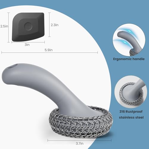 Cast Iron Scrubber with Long Handle | 316 Cast Iron Cleaner Chainmail Scrubber for Pan Skillet Cleaner - Dish Scouring Pad Dishwasher Safe Cleaning Kit (Grey, 1 Scrubber + 1 Scraper) - color: Grey, 1 Scrubber + 1 Scraper