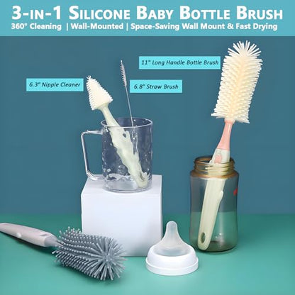 Baby Bottle Brush Set 3-in-1, Silicone Bottle Brush with Wall Mount Holder, 11" Long Handle Bottle Brush + Nipple Brush + Straw Brush Cleaner for Baby Bottles, Cups, Straws – BPA Free (Blue) - color: Navy Blue