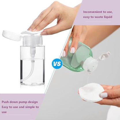 Push Down Pump Dispenser, 6.8oz Clear Pump Bottles with Alcohol, Acetone, Nail Polish Remover, Makeup Remover, Toner Stickers Empty Push Top Container for Liquid (200ml-2Pack) - size: 200ml-2pack