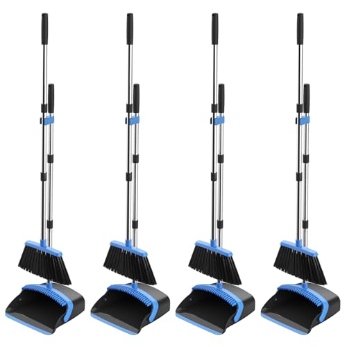Broom and Dustpan Set, 52-in Long Adjustable Handle Broom Dustpan Combo with Dust pan Teeth to Automatically Clean Hair Suitable for Home Kitchen Office Hall Floor (Black&Blue), 4 Pack - color: Black-blue, size: 4 Pack