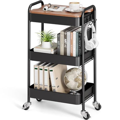 TOOLF 3-Tier Rolling Cart with Table Top, Metal Storage Cart on Wheels, Utility Organizer with Wooden Tray, Lockable Casters, Easy Assembly for Bathroom, Living Room, Office, Kitchen, Black - color: Black