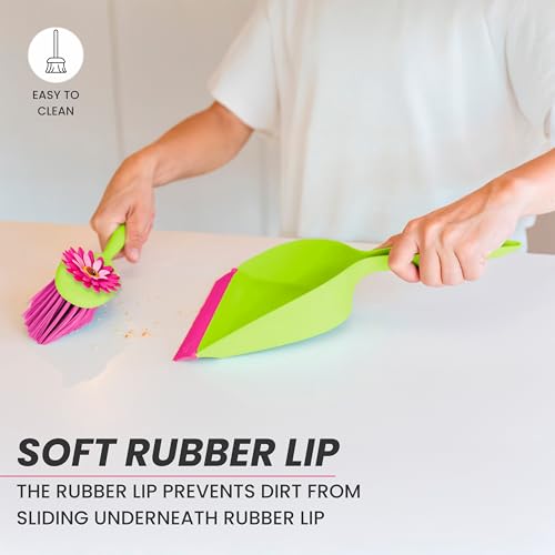 Vigar Flower Power Dust Pan and Brush Set - Mini Broom and Dustpan Set, Handheld Broom and Dustpan Set With Whisk Broom, Small Dustpan and Brush Set, Compact Indoor Sweeper for Countertop - Pink Green - color: Flower Power