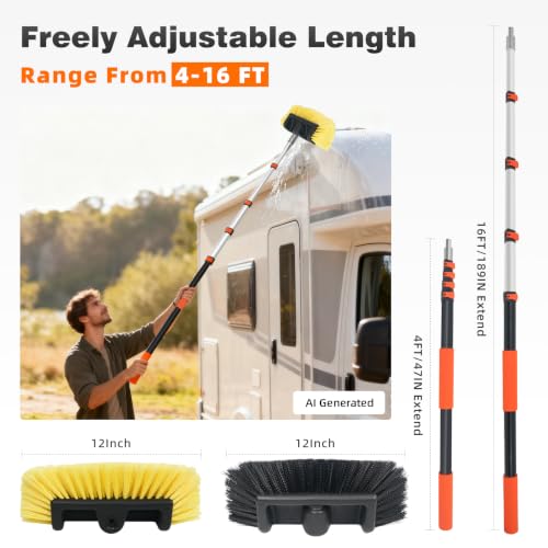 16FT Car Wash Brush with Long Handle, Car Cleaning Brush with 12" Soft Bristle and 12" Hard Bristle, 4-16Ft Telescopic Pole for Scratch-Free Cleaning Truck,RV, Boats,House Siding,Floors,Solar Panels - color: 16ft-orange