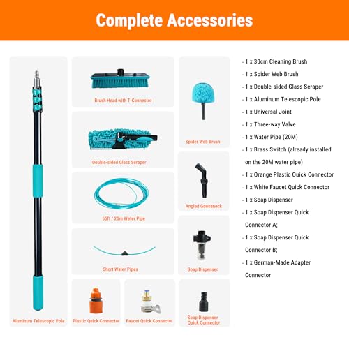 Water Fed Pole Kit, 12FT Solar Panel Cleaning Pole with Extendable Handle, 180° Rotatable Brush Head & 65.6FT Hose, Household & Outdoor Window Cleaner Tool for Caravan Solar Panel Deck - size: 12FT