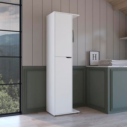 Austin Freestanding Broom Closet in White Finish Heavy Duty Storage for Household Tools and Accessories Easy to Clean Surface