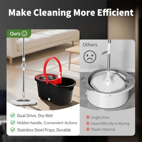Spin Mop and Bucket with Wringer Set, 360 Spinning Mop Bucket System with 3 Microfiber Mop Replacement Heads and 61" Stainless Steel Adjustable Handle for Floor Cleaning (20QT)