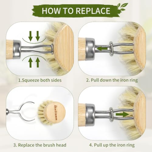 5 PCS Bamboo Dish Brush with Handle Set - Natural Dish Scrubber Brush with 3 Replacement Brush Heads and 2 Dish Sponges for Cleaning Dishes, Pans, Pot, Fruit and Veggie