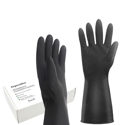 Thick Rubber Cleaning Gloves - 3 Pairs Black Rubber Gloves for Dishwashing Large, Non-Slip Kitchen Gloves for Washing Dishes, Reusable Cleaning Gloves, Waterproof, Heavy-Duty (3P,L) | Reusable & waterproof black/orange dual layers. Non-slip design for dis
