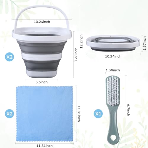 2 Pack Collapsible Buckets, 5L 1.3 Gallon Cleaning Buckets with Handle, Foldable Plastic Bucket Basin with 2 Towels, a Brush for House Garden Cleaning, Car Washing, Camping, Fishing