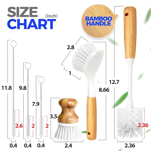 Holikme 6 Pack Dish Brush Scouring Pad Set with Bottle Brush, Dish Brush, Palm Scrub Brush and Straw Brush, Dish Scrubber Long Handle for Dish Bottle Cup Skillet Wok Pot Pan Cast Iron, White - color: White