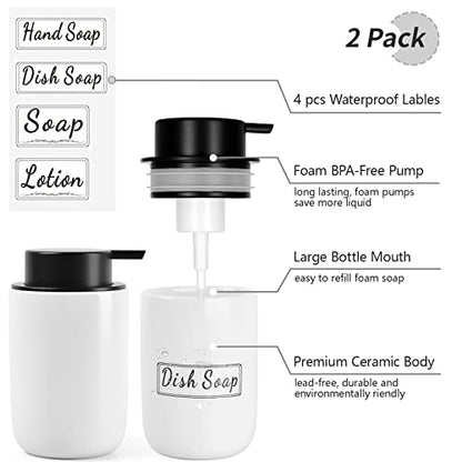 BosilunLife Foaming Soap Dispenser Set - White Ceramic Foam Hand Dispenser 12oz Soap Dispenser Set with Rust Proof Pump, 4Pcs Clear Stickers for Kitchen, Bathroom - 2 Pack - color: White-foam Pump