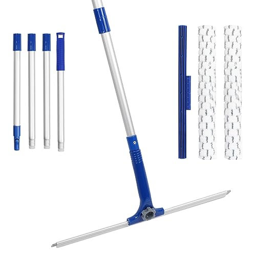 Window Shower Squeegee with 2 Pads Microfiber Scrubber, 14" Rubber Scrubber Squeegee with 59" Long Aluminum Handle for Window, Shower Glass Door, Mirror Cleaning